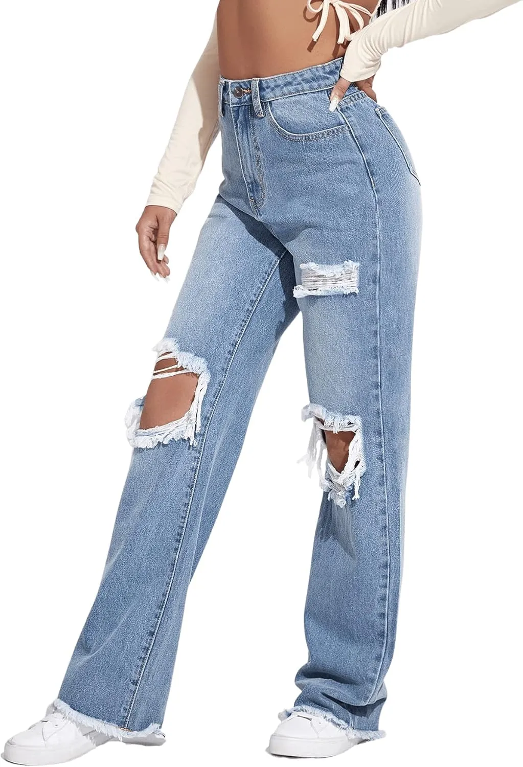 SweatyRocks Women's Ripped Straight Leg Jeans High Waist Distressed Cutout Denim Pants