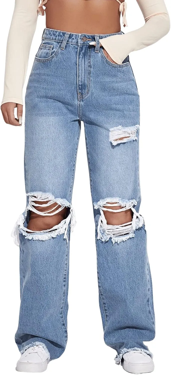 SweatyRocks Women's Ripped Straight Leg Jeans High Waist Distressed Cutout Denim Pants