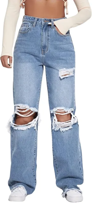 SweatyRocks Women's Ripped Straight Leg Jeans High Waist Distressed Cutout Denim Pants