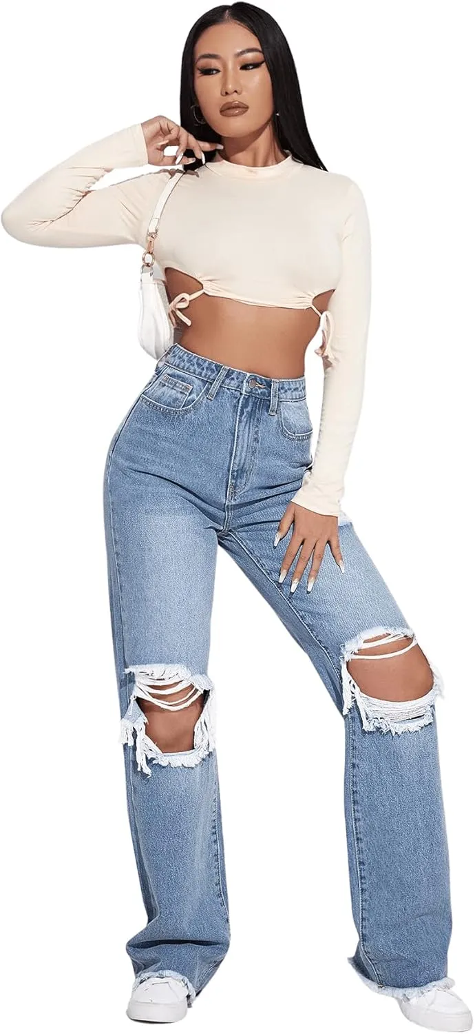 SweatyRocks Women's Ripped Straight Leg Jeans High Waist Distressed Cutout Denim Pants