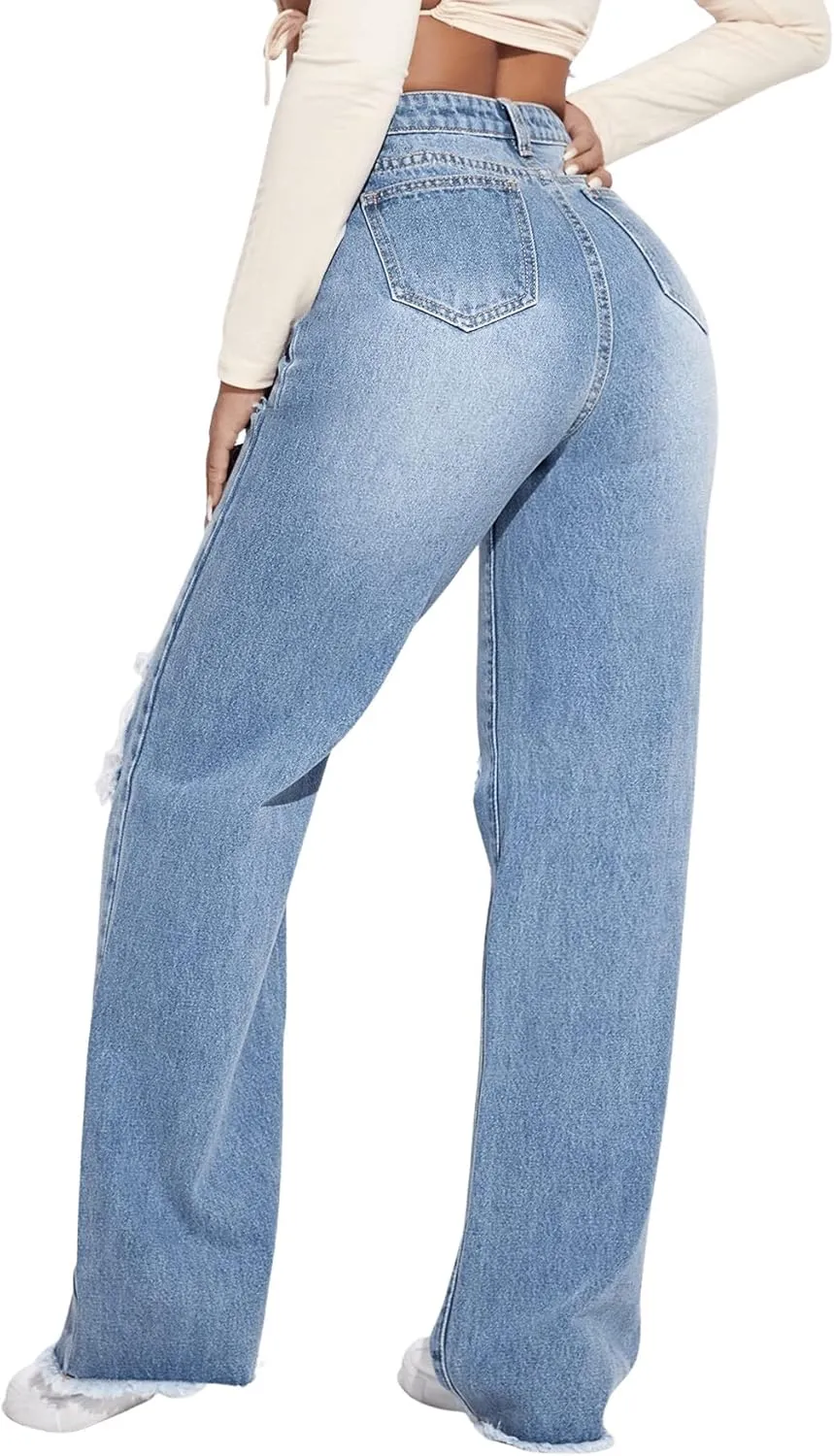 SweatyRocks Women's Ripped Straight Leg Jeans High Waist Distressed Cutout Denim Pants