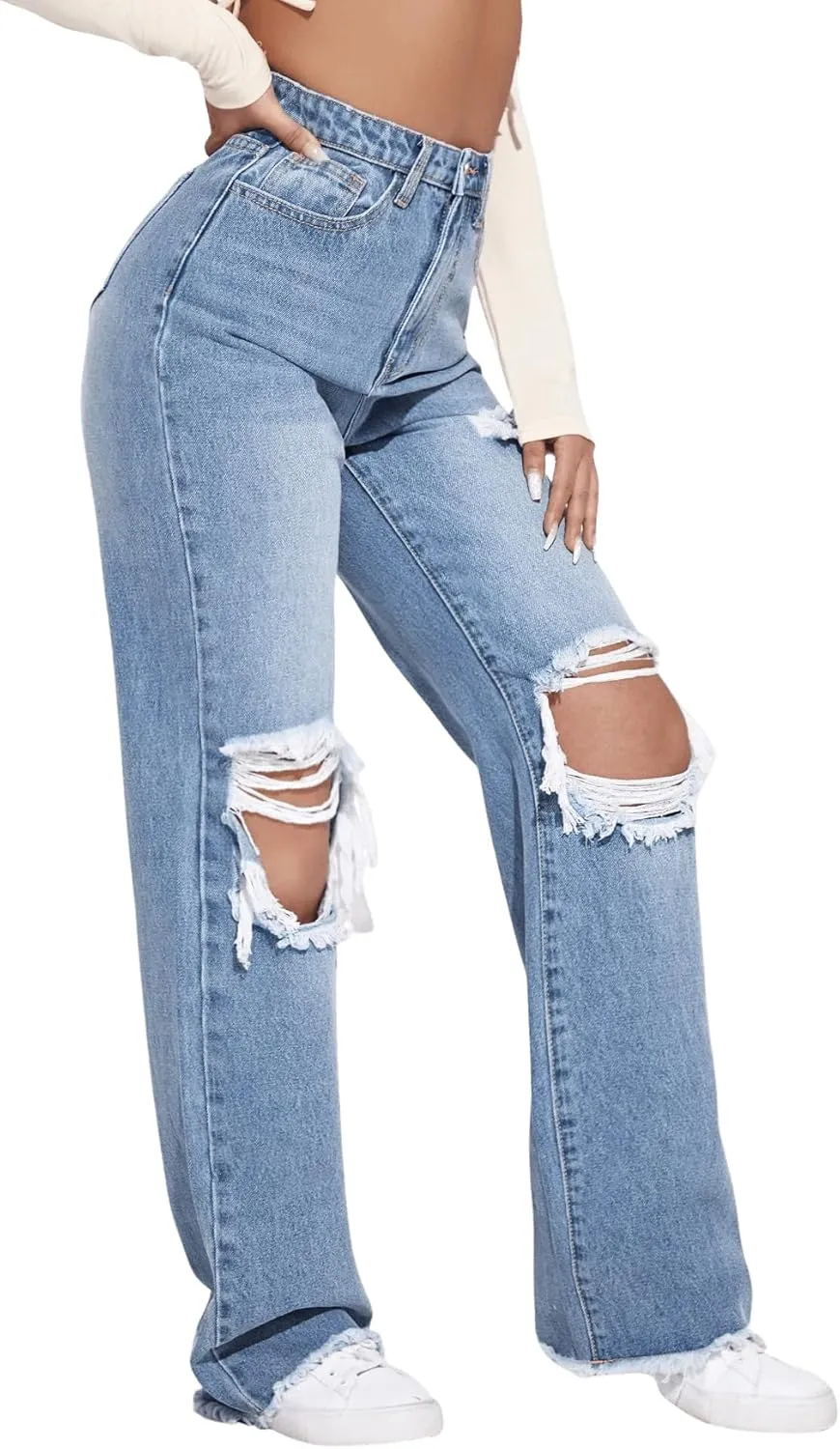 SweatyRocks Women's Ripped Straight Leg Jeans High Waist Distressed Cutout Denim Pants