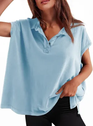 Tankaneo Womens Oversized Cap Sleeve Polo Shirts Summer Casual V Neck Tops Loose Fit Collared Cotton Tee Shirts