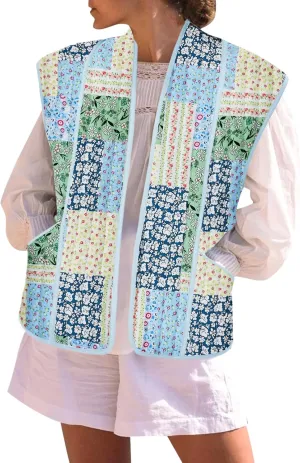 Tankaneo Womens Puffer Quilted Cropped Vest Oversized Floral Patchwork Lightweight Jacket Cap Sleeve Outerwear Vest