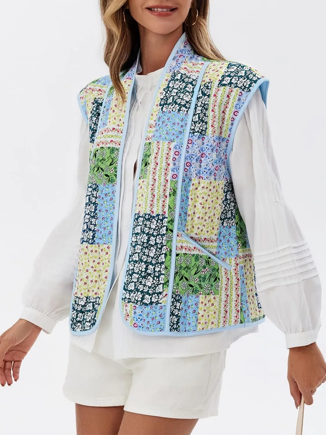 Tankaneo Womens Puffer Quilted Cropped Vest Oversized Floral Patchwork Lightweight Jacket Cap Sleeve Outerwear Vest