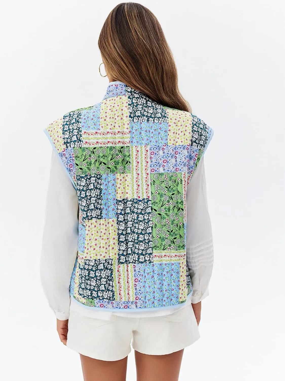 Tankaneo Womens Puffer Quilted Cropped Vest Oversized Floral Patchwork Lightweight Jacket Cap Sleeve Outerwear Vest