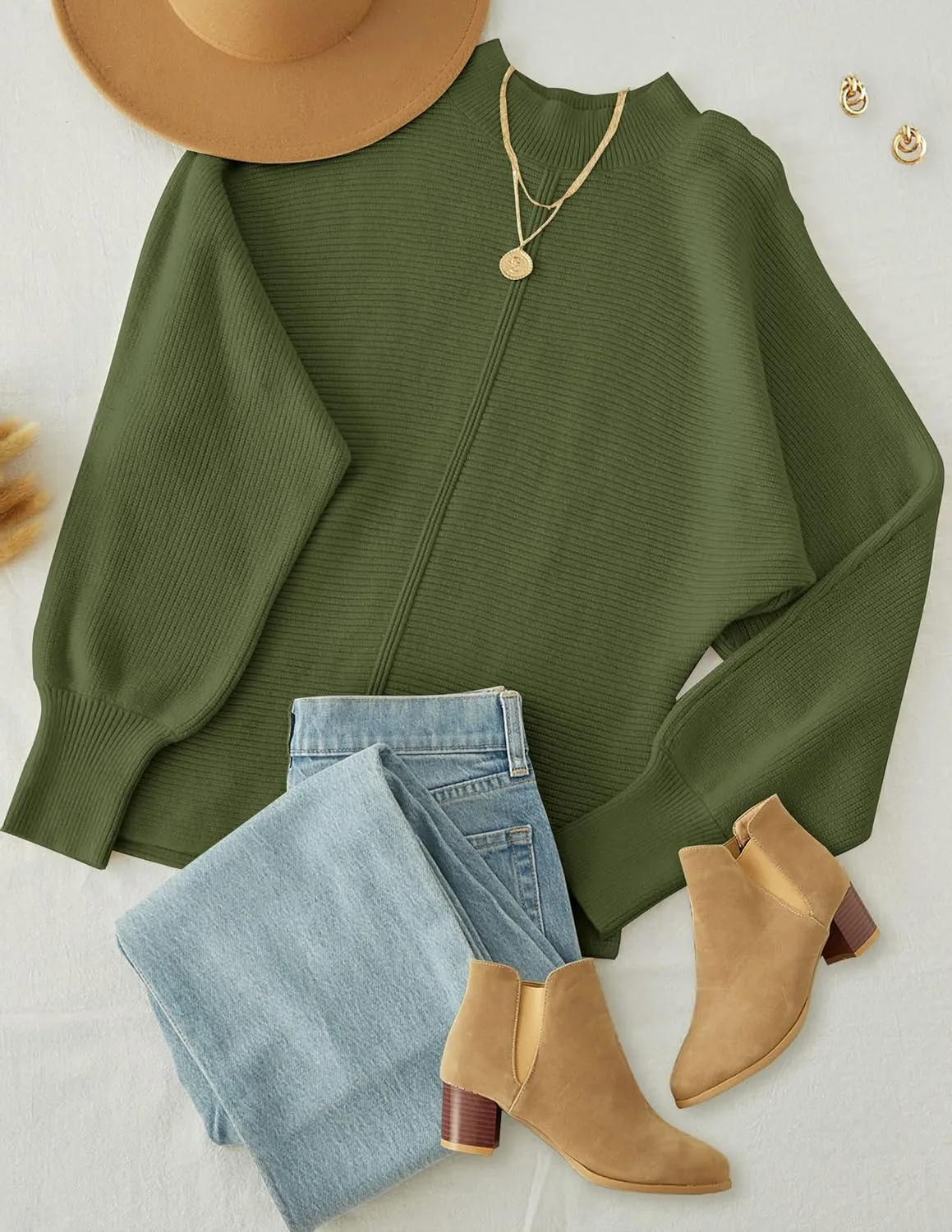 TECREW Women's Batwing Long Sleeve Crew Neck Pullover Sweater Soft Ribbed Knit Sweater Top