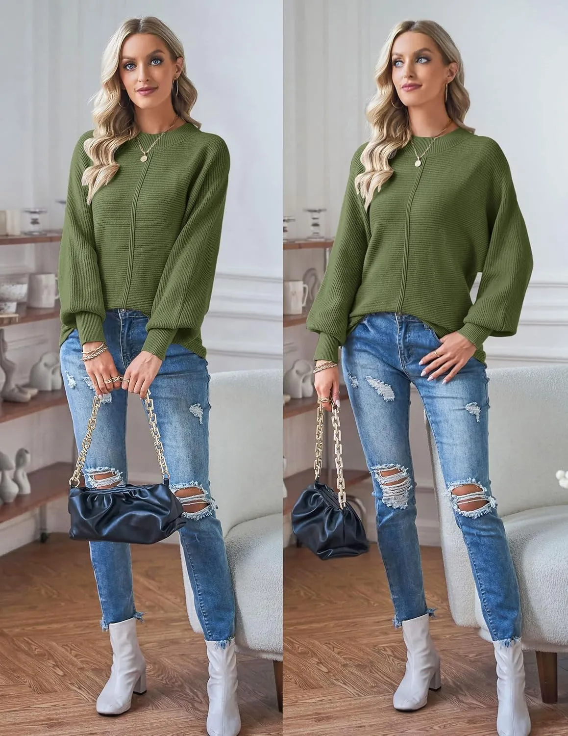 TECREW Women's Batwing Long Sleeve Crew Neck Pullover Sweater Soft Ribbed Knit Sweater Top