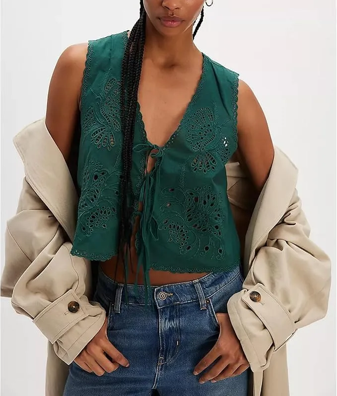 Tie Front Tops for Women Sleeveless V Neck Eyelet Embroidered Tank Y2k Sexy Cute Going Out Crop Vest Shirt