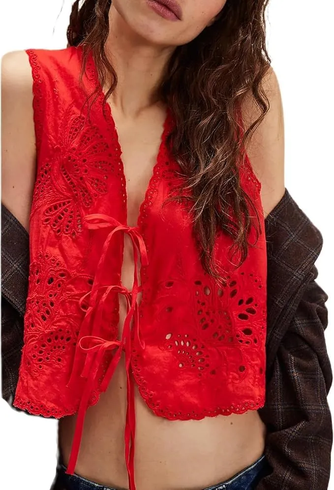 Tie Front Tops for Women Sleeveless V Neck Eyelet Embroidered Tank Y2k Sexy Cute Going Out Crop Vest Shirt