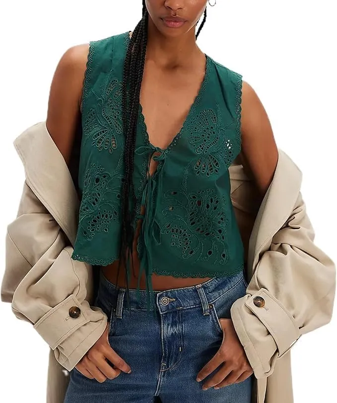 Tie Front Tops for Women Sleeveless V Neck Eyelet Embroidered Tank Y2k Sexy Cute Going Out Crop Vest Shirt