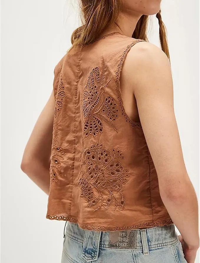 Tie Front Tops for Women Sleeveless V Neck Eyelet Embroidered Tank Y2k Sexy Cute Going Out Crop Vest Shirt