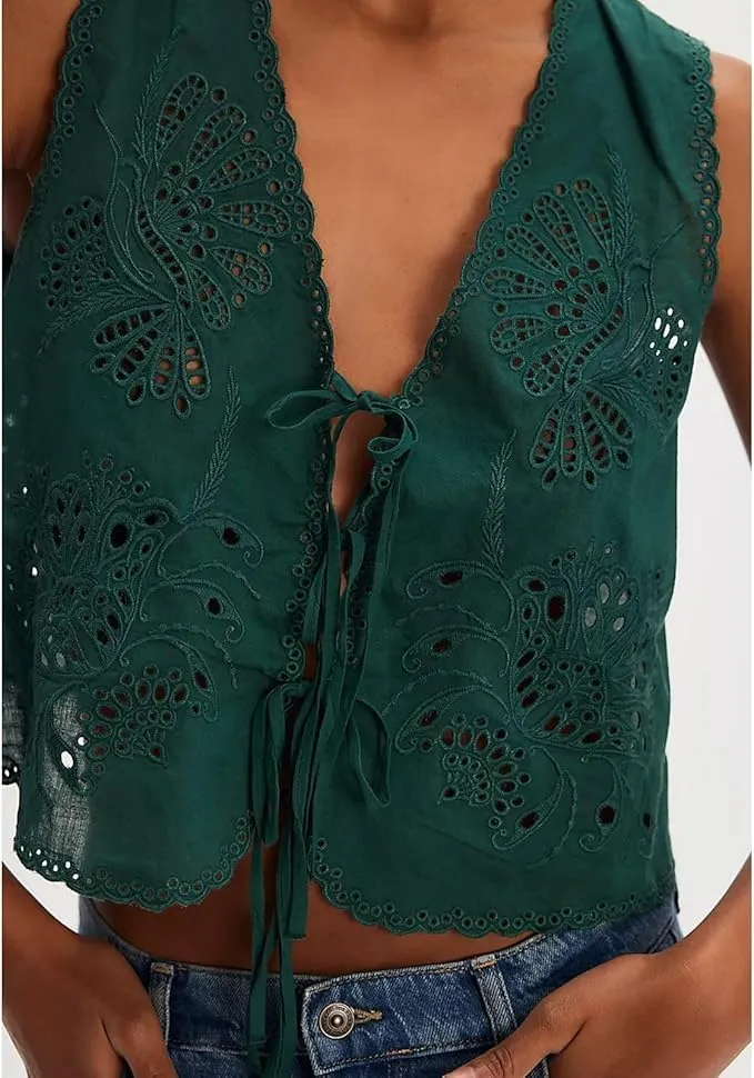 Tie Front Tops for Women Sleeveless V Neck Eyelet Embroidered Tank Y2k Sexy Cute Going Out Crop Vest Shirt