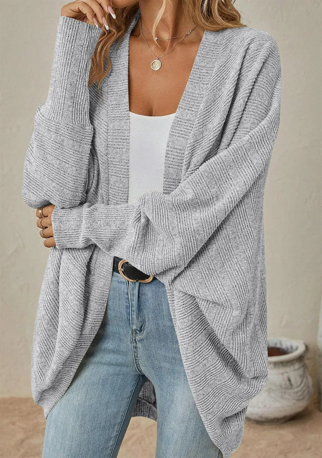 TYQQU Women's Long Sleeve Slouchy Cardigan Cable Knit Open Front Sweater Fashion Casual Outerwear