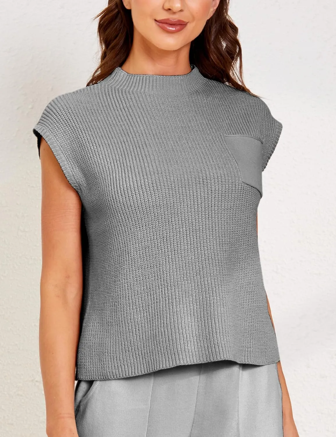 UANEO Sweater Vest Women Mock Neck Casual Cropped Knit Pullover Cap Sleeve Sweater for Women Top Spring