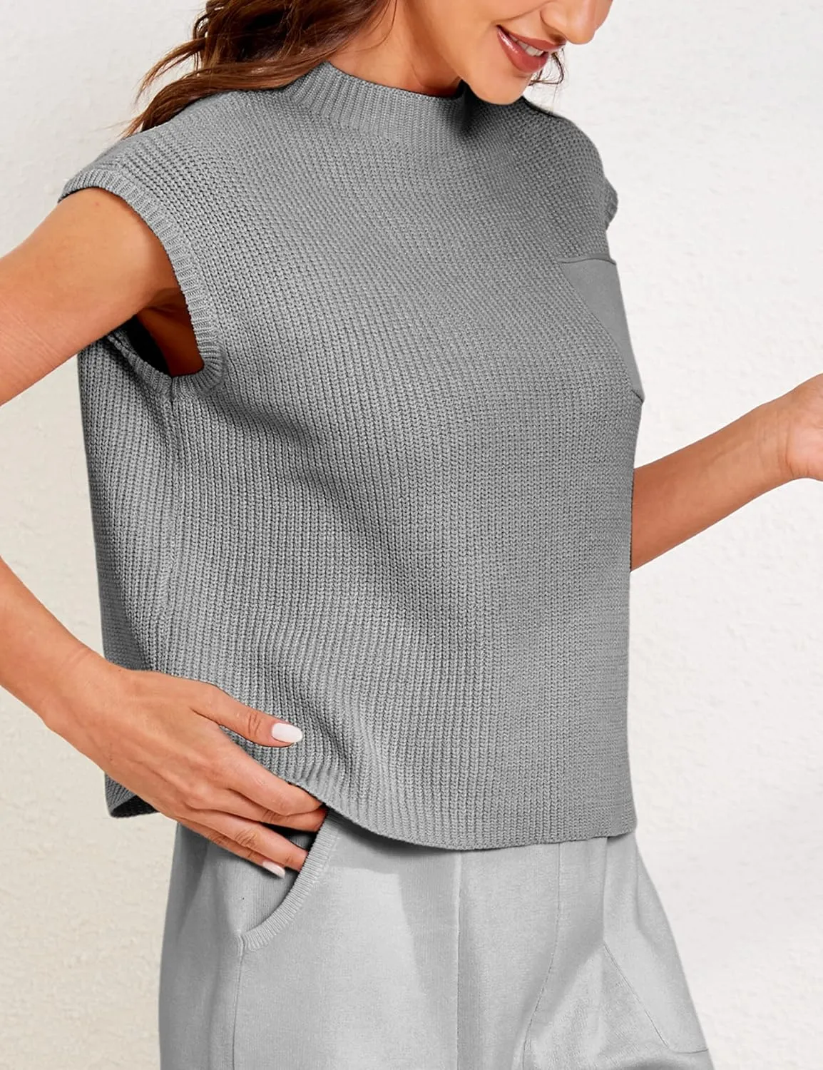 UANEO Sweater Vest Women Mock Neck Casual Cropped Knit Pullover Cap Sleeve Sweater for Women Top Spring