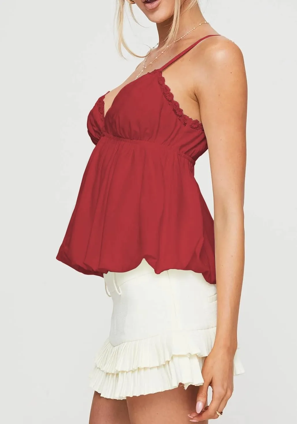UAURORAO Women Y2K Babydoll Tank Top Spaghetti Strap Peplum Tops V Neck Aesthetic Preppy Going Out Shirts