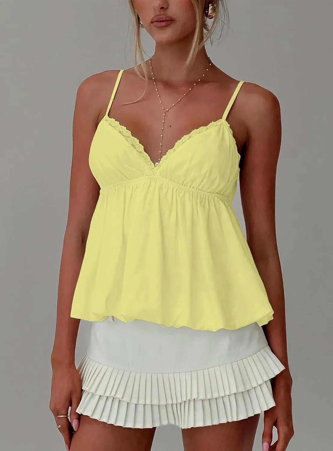 UAURORAO Women Y2K Babydoll Tank Top Spaghetti Strap Peplum Tops V Neck Aesthetic Preppy Going Out Shirts
