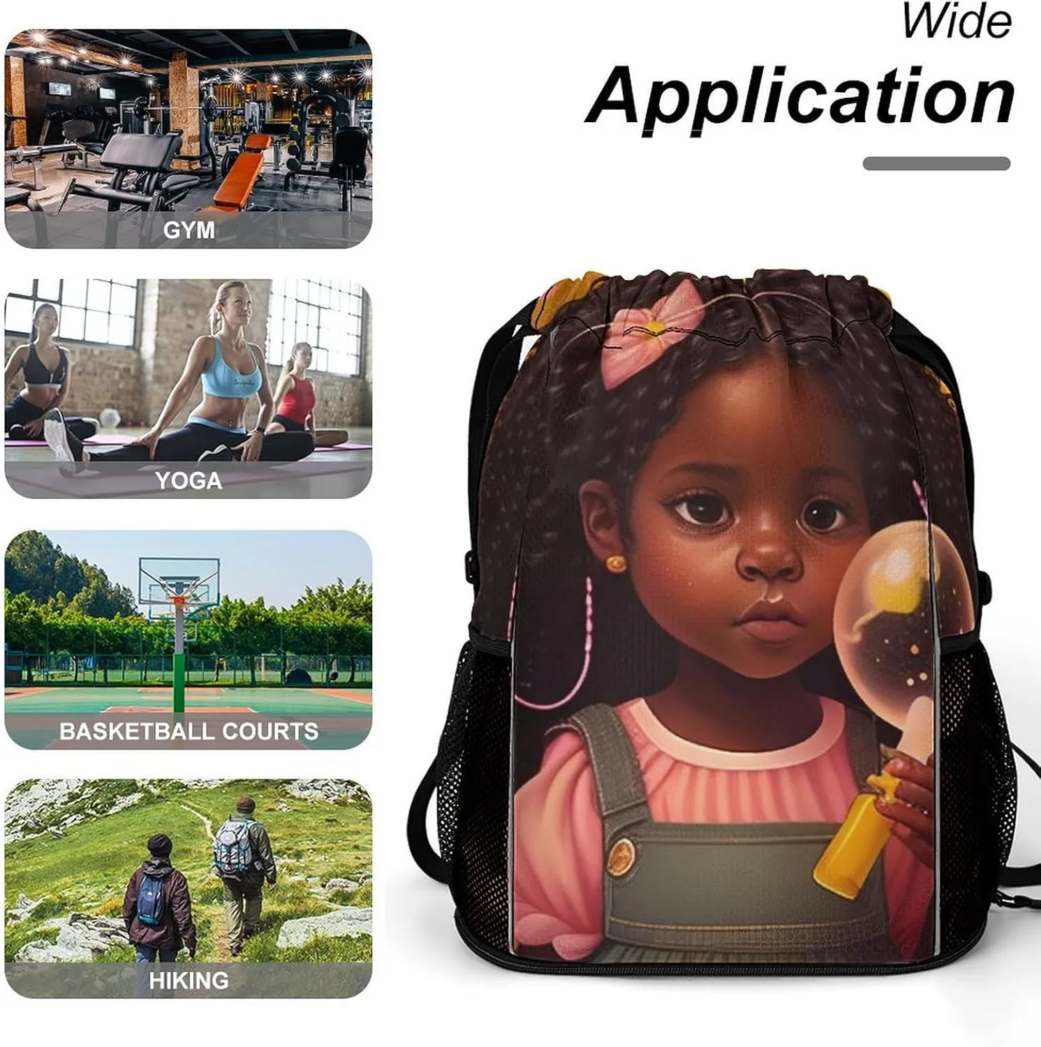 Unisex Fashion Drawstring Backpack Compatible with African American Black Women Gym Bags with Zipper Pockets Waterproof Shoes Compartment, Multifunction Drawstring Bag for Cycling Hiking