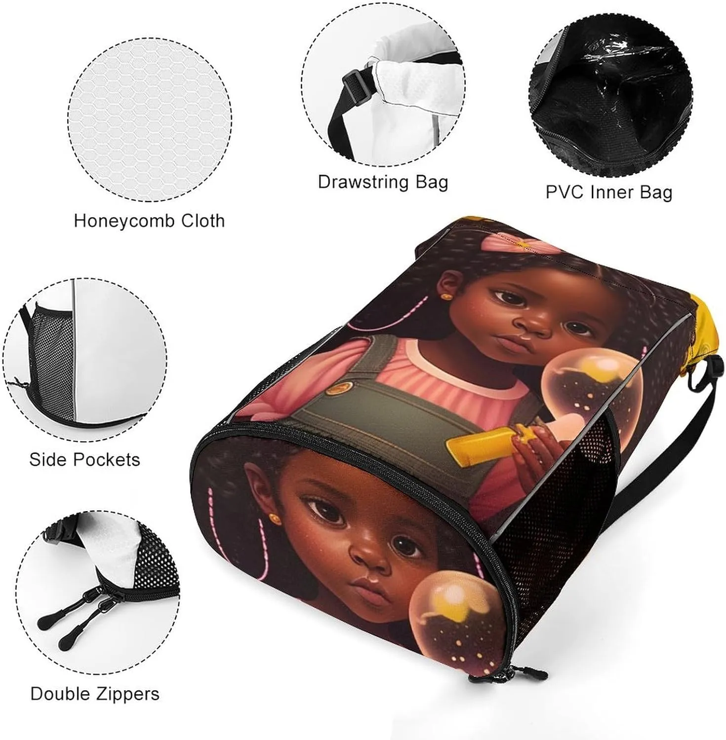 Unisex Fashion Drawstring Backpack Compatible with African American Black Women Gym Bags with Zipper Pockets Waterproof Shoes Compartment, Multifunction Drawstring Bag for Cycling Hiking