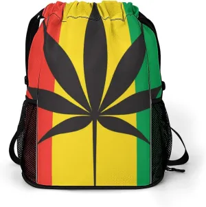 Unisex Fashion Drawstring Backpack Compatible with Cannabis Rasta Symbol Gym Bags with Zipper Pockets Waterproof Shoes Compartment, Multifunction Drawstring Bag for Cycling Hiking