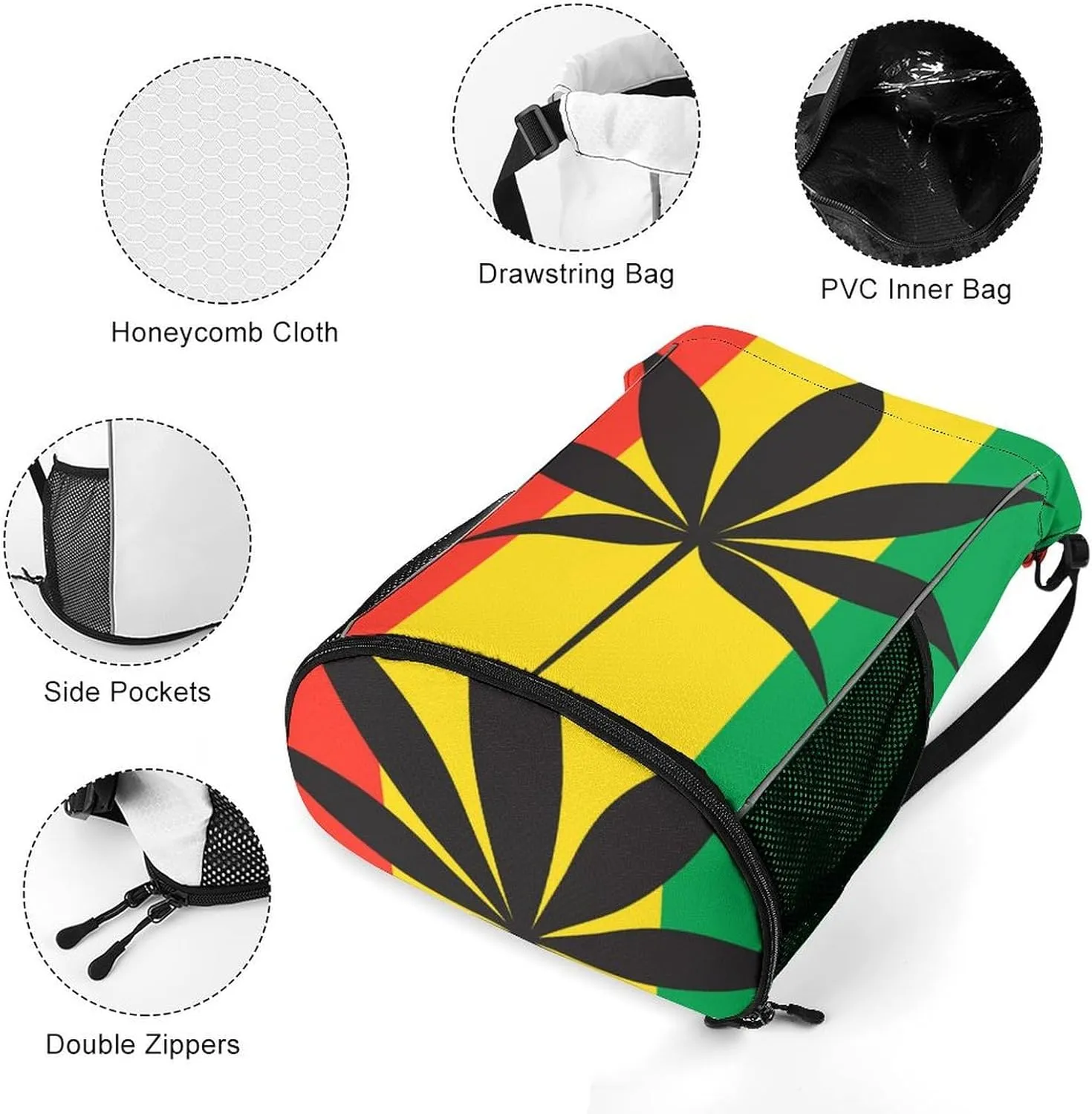 Unisex Fashion Drawstring Backpack Compatible with Cannabis Rasta Symbol Gym Bags with Zipper Pockets Waterproof Shoes Compartment, Multifunction Drawstring Bag for Cycling Hiking