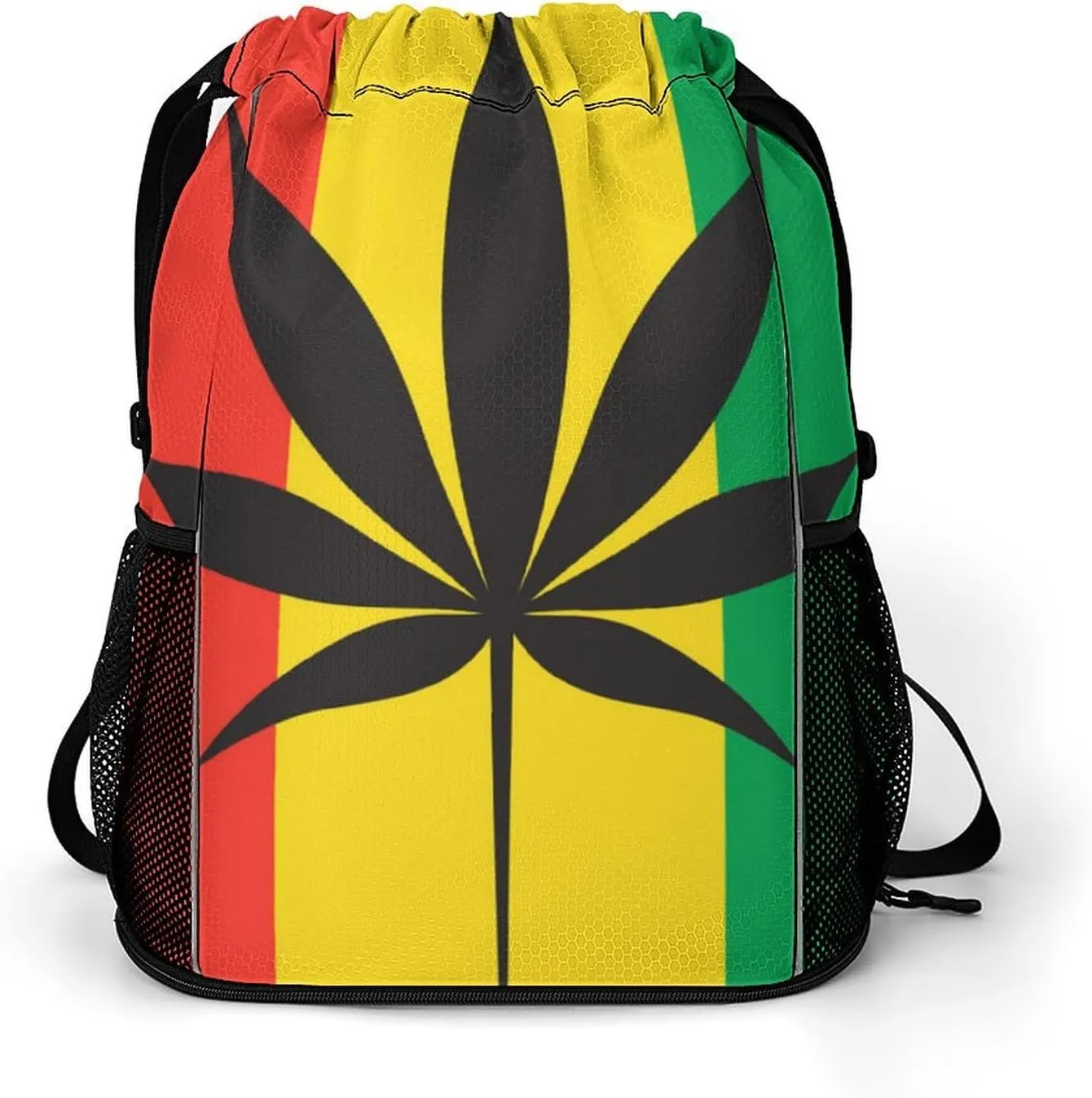 Unisex Fashion Drawstring Backpack Compatible with Cannabis Rasta Symbol Gym Bags with Zipper Pockets Waterproof Shoes Compartment, Multifunction Drawstring Bag for Cycling Hiking