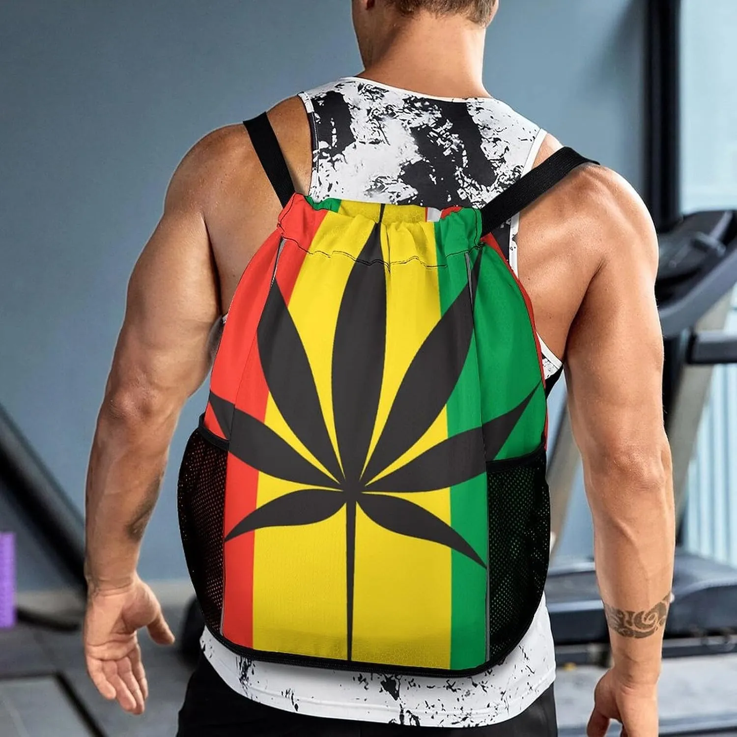 Unisex Fashion Drawstring Backpack Compatible with Cannabis Rasta Symbol Gym Bags with Zipper Pockets Waterproof Shoes Compartment, Multifunction Drawstring Bag for Cycling Hiking