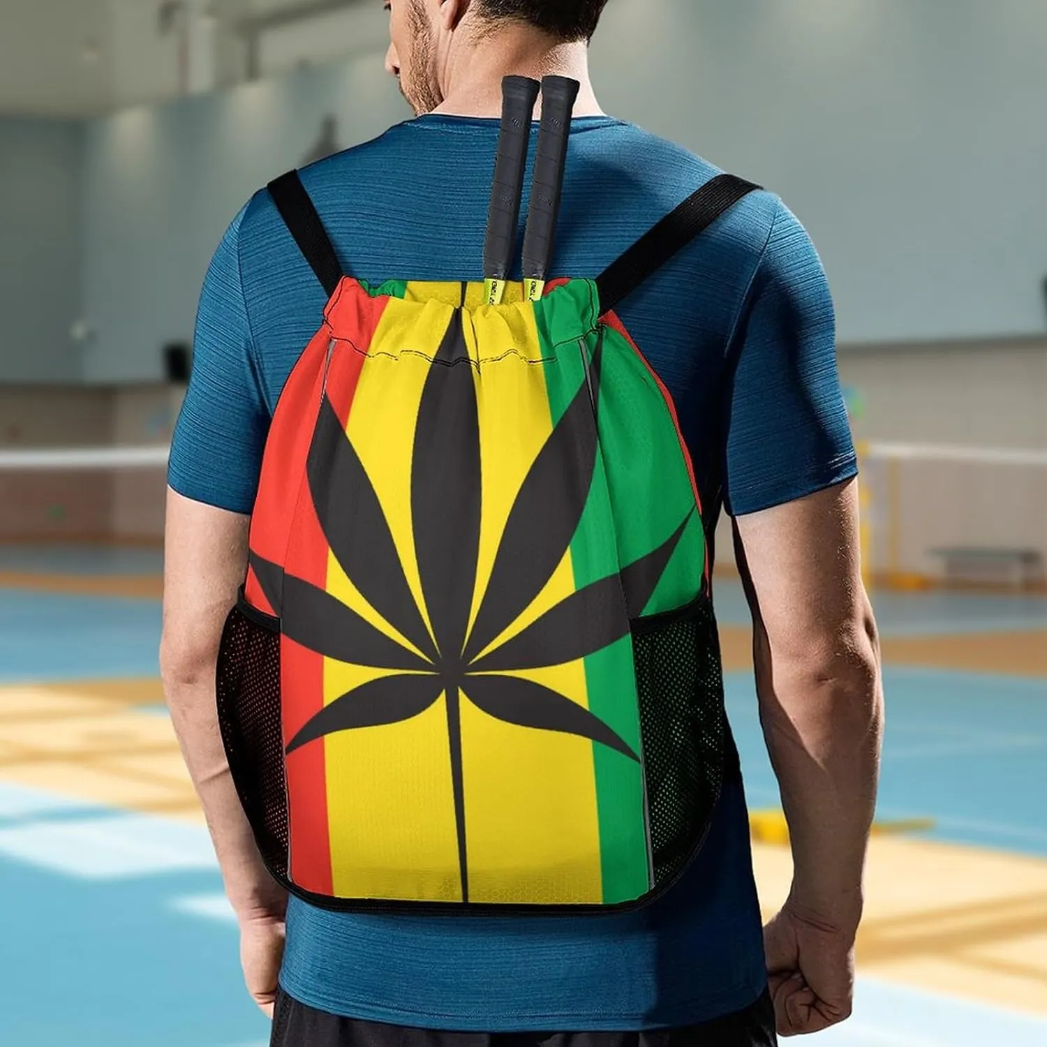 Unisex Fashion Drawstring Backpack Compatible with Cannabis Rasta Symbol Gym Bags with Zipper Pockets Waterproof Shoes Compartment, Multifunction Drawstring Bag for Cycling Hiking