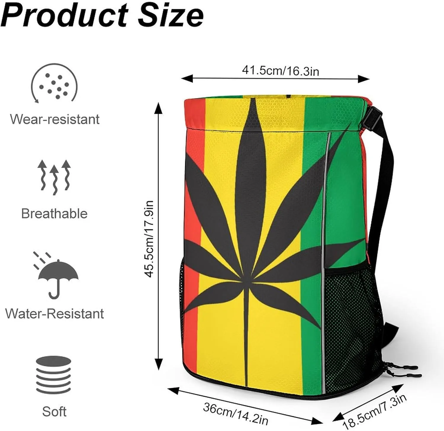 Unisex Fashion Drawstring Backpack Compatible with Cannabis Rasta Symbol Gym Bags with Zipper Pockets Waterproof Shoes Compartment, Multifunction Drawstring Bag for Cycling Hiking
