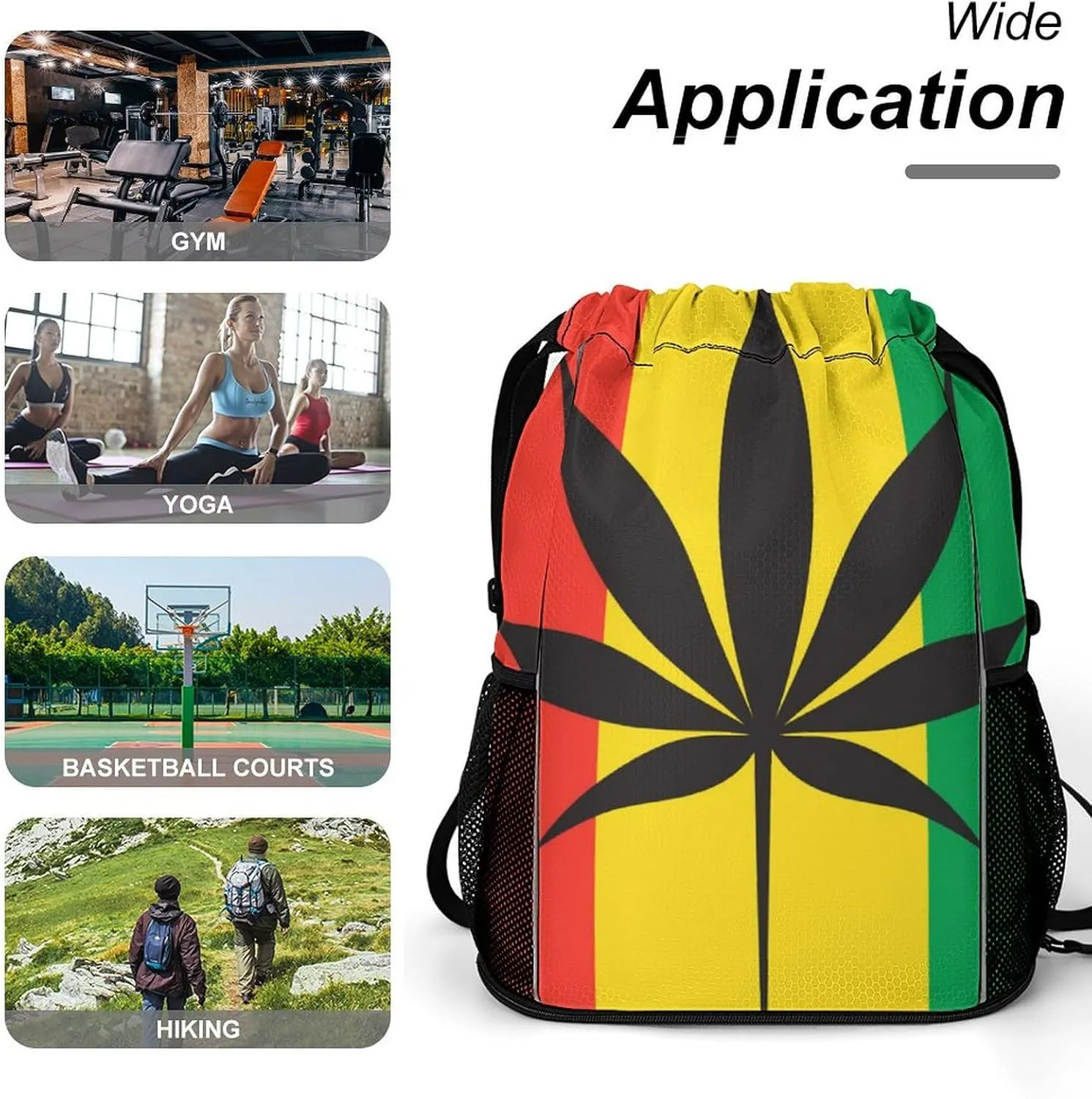 Unisex Fashion Drawstring Backpack Compatible with Cannabis Rasta Symbol Gym Bags with Zipper Pockets Waterproof Shoes Compartment, Multifunction Drawstring Bag for Cycling Hiking