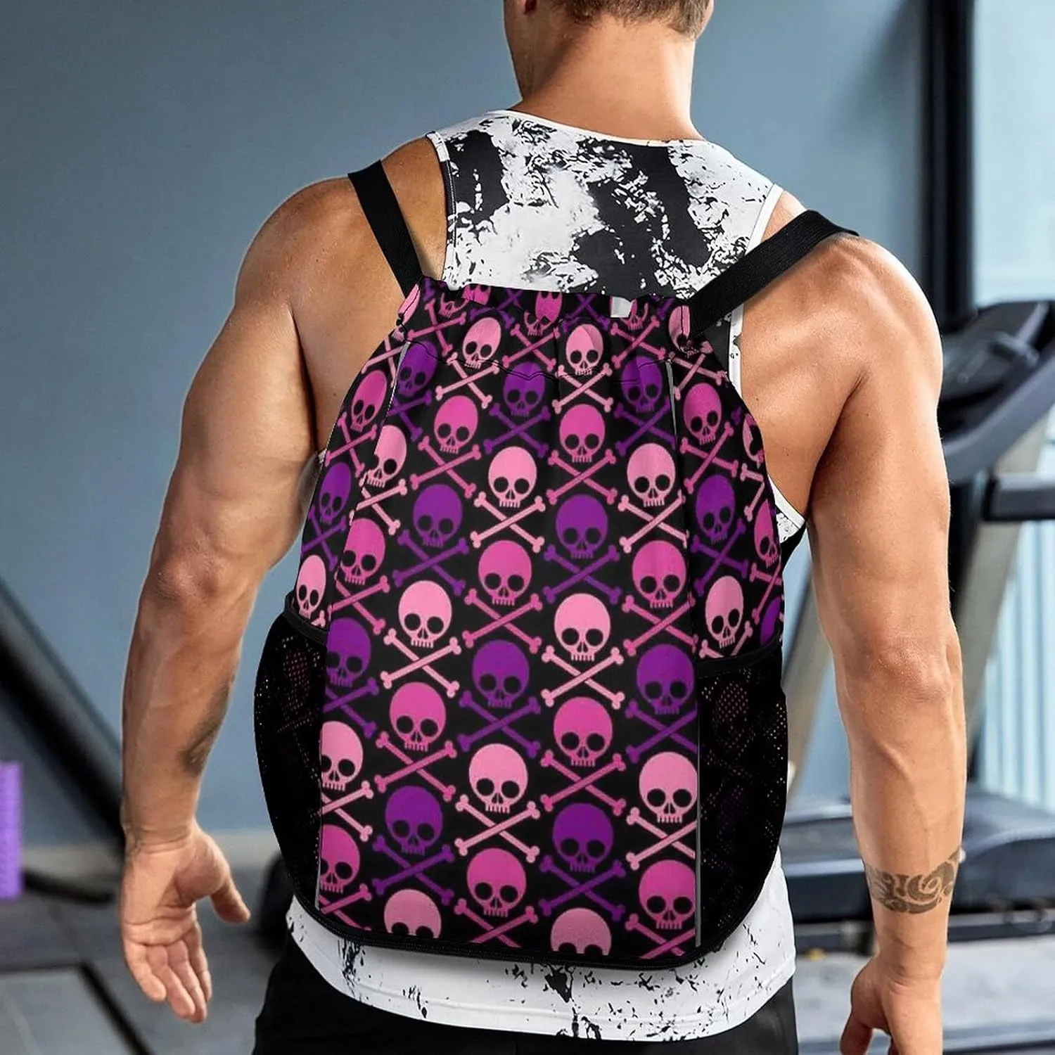 Unisex Fashion Drawstring Backpack Compatible with Mexico Skull Purple And Pink Gym Bags with Zipper Pockets Waterproof Shoes Compartment, Multifunction Drawstring Bag for Cycling Hiking