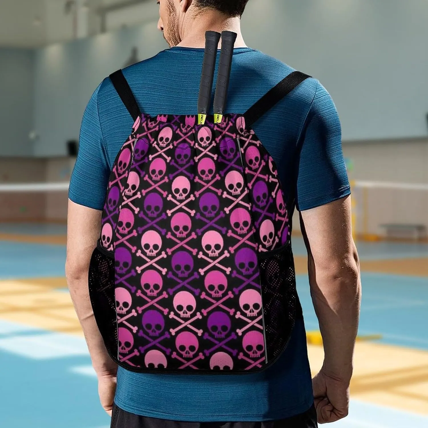 Unisex Fashion Drawstring Backpack Compatible with Mexico Skull Purple And Pink Gym Bags with Zipper Pockets Waterproof Shoes Compartment, Multifunction Drawstring Bag for Cycling Hiking