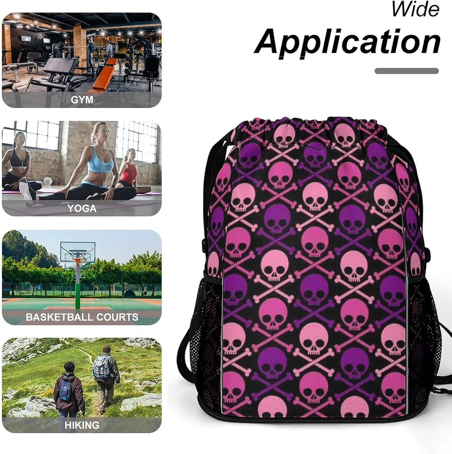 Unisex Fashion Drawstring Backpack Compatible with Mexico Skull Purple And Pink Gym Bags with Zipper Pockets Waterproof Shoes Compartment, Multifunction Drawstring Bag for Cycling Hiking