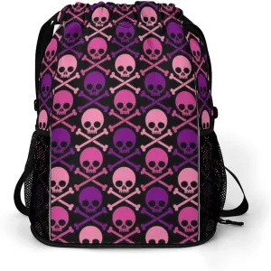 Unisex Fashion Drawstring Backpack Compatible with Mexico Skull Purple And Pink Gym Bags with Zipper Pockets Waterproof Shoes Compartment, Multifunction Drawstring Bag for Cycling Hiking