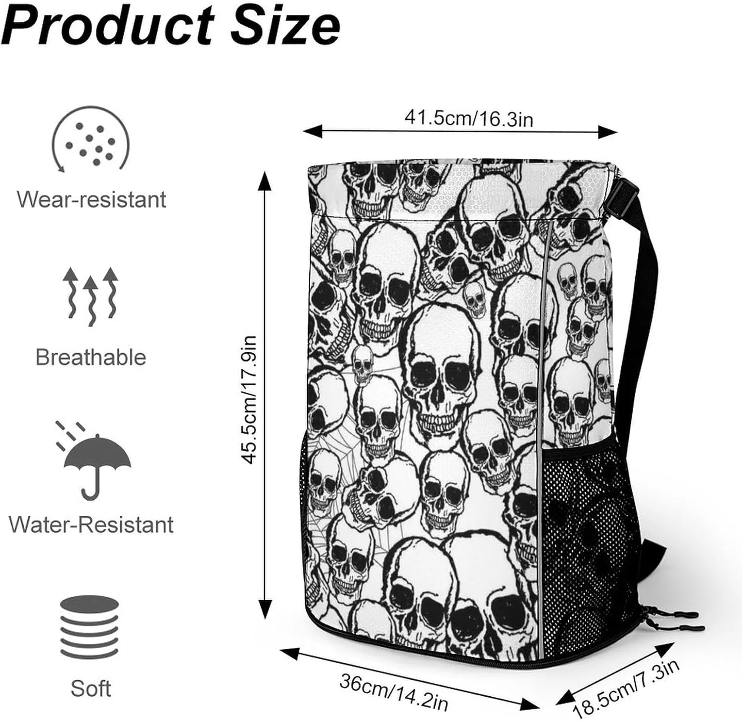 Unisex Fashion Drawstring Backpack Compatible with Sugar Skull Gym Bags with Zipper Pockets Waterproof Shoes Compartment, Multifunction Drawstring Bag for Cycling Hiking