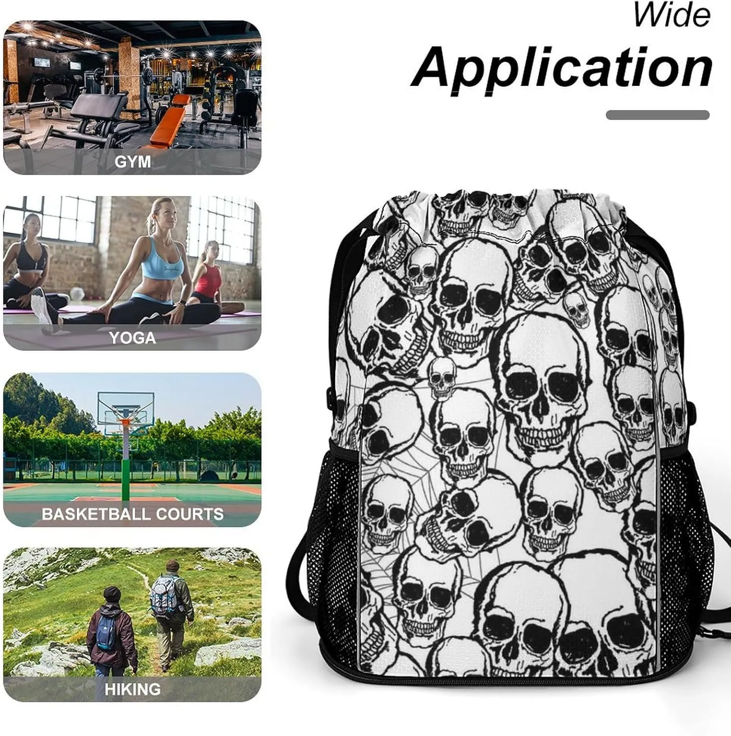 Unisex Fashion Drawstring Backpack Compatible with Sugar Skull Gym Bags with Zipper Pockets Waterproof Shoes Compartment, Multifunction Drawstring Bag for Cycling Hiking