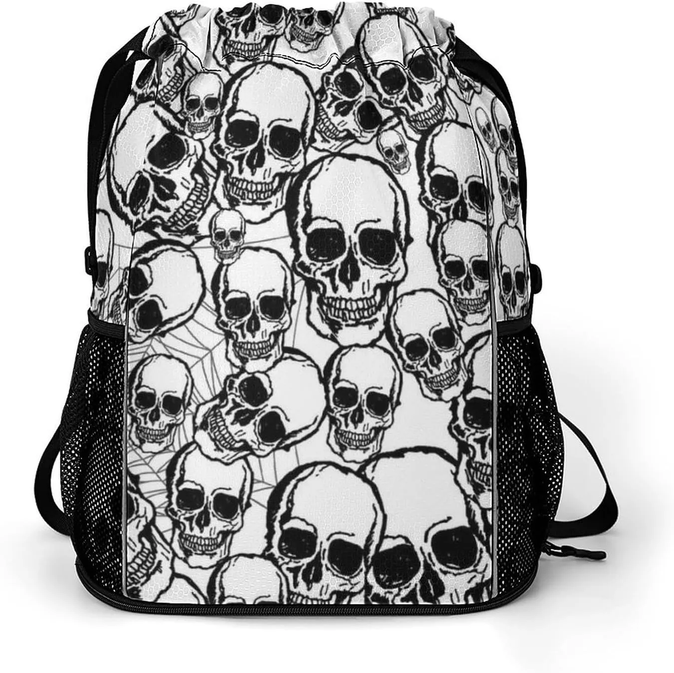 Unisex Fashion Drawstring Backpack Compatible with Sugar Skull Gym Bags with Zipper Pockets Waterproof Shoes Compartment, Multifunction Drawstring Bag for Cycling Hiking