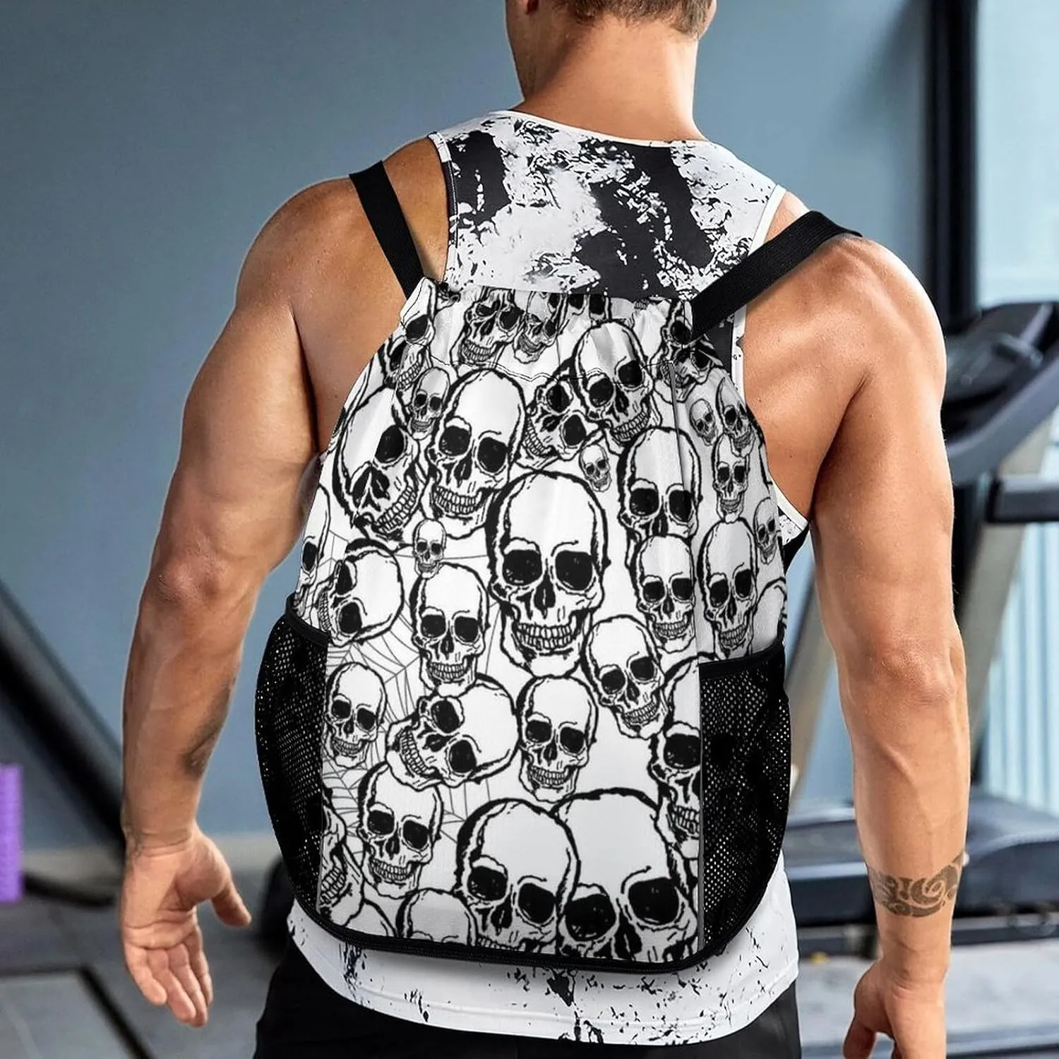 Unisex Fashion Drawstring Backpack Compatible with Sugar Skull Gym Bags with Zipper Pockets Waterproof Shoes Compartment, Multifunction Drawstring Bag for Cycling Hiking