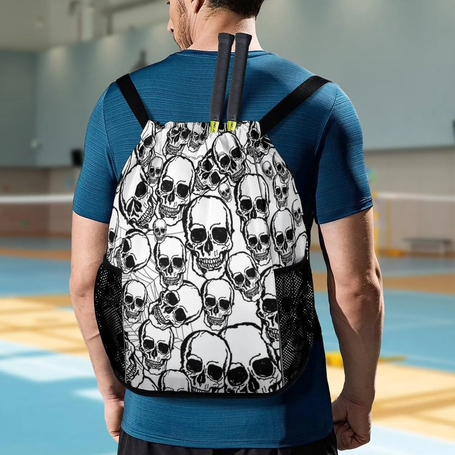 Unisex Fashion Drawstring Backpack Compatible with Sugar Skull Gym Bags with Zipper Pockets Waterproof Shoes Compartment, Multifunction Drawstring Bag for Cycling Hiking
