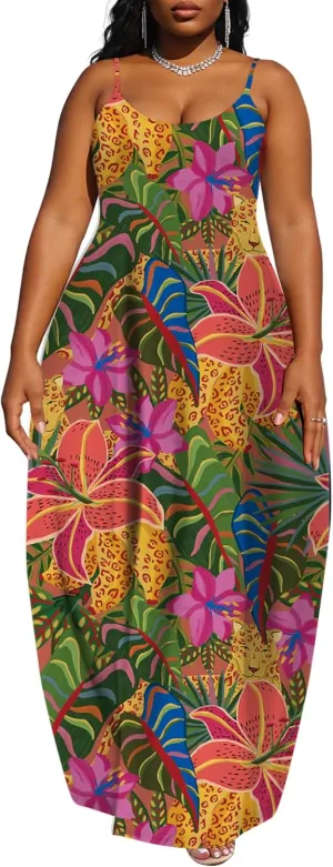UOUA Hawaiian Dresses for Women Plus Size Sundress Luau Party Summer Curvy Maxi Tropical Boho Sexy Dress