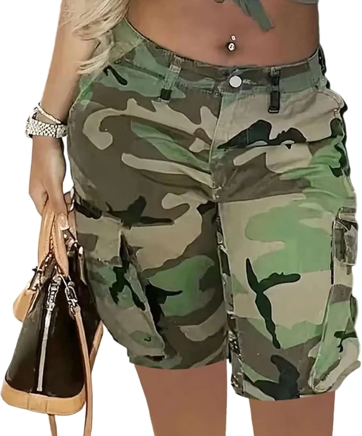 Voghtic Womens Camouflage Cargo Shorts Casual High Waisted Ripped Frayed Stretchy Jeans Shorts with Pockets