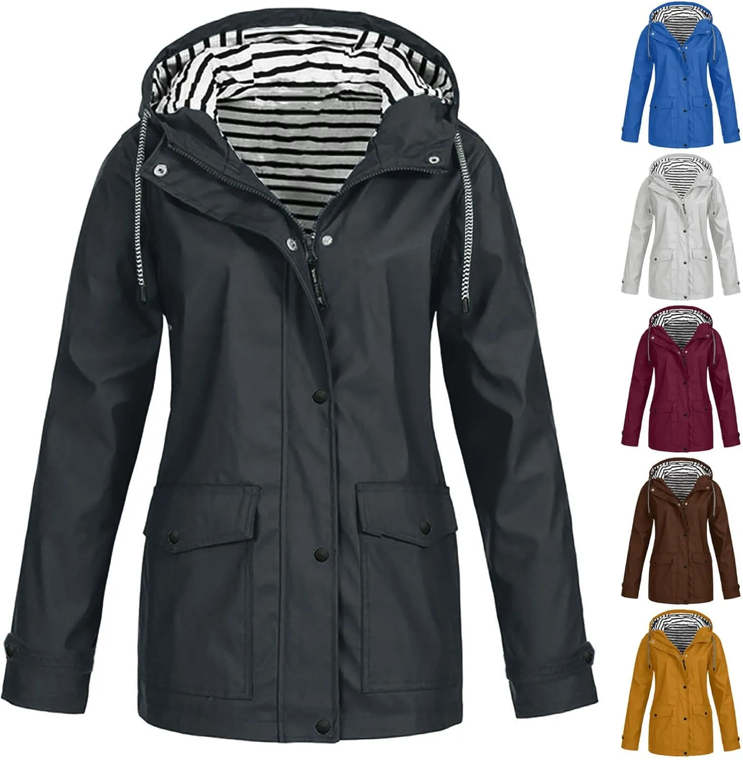 Wkishenl Rain Coat for Women Waterproof Outdoor Travel Rain Jacket Plus Size Lightweight Hooded Pockets Trench Coats