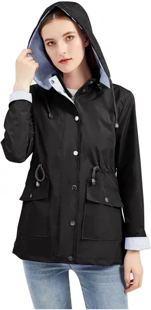 Wkishenl Rain Coat for Women Waterproof with Hood Active Outdoor Rain Jacket Solid Lightweight Zip Up Lace Up Fall Raincoat