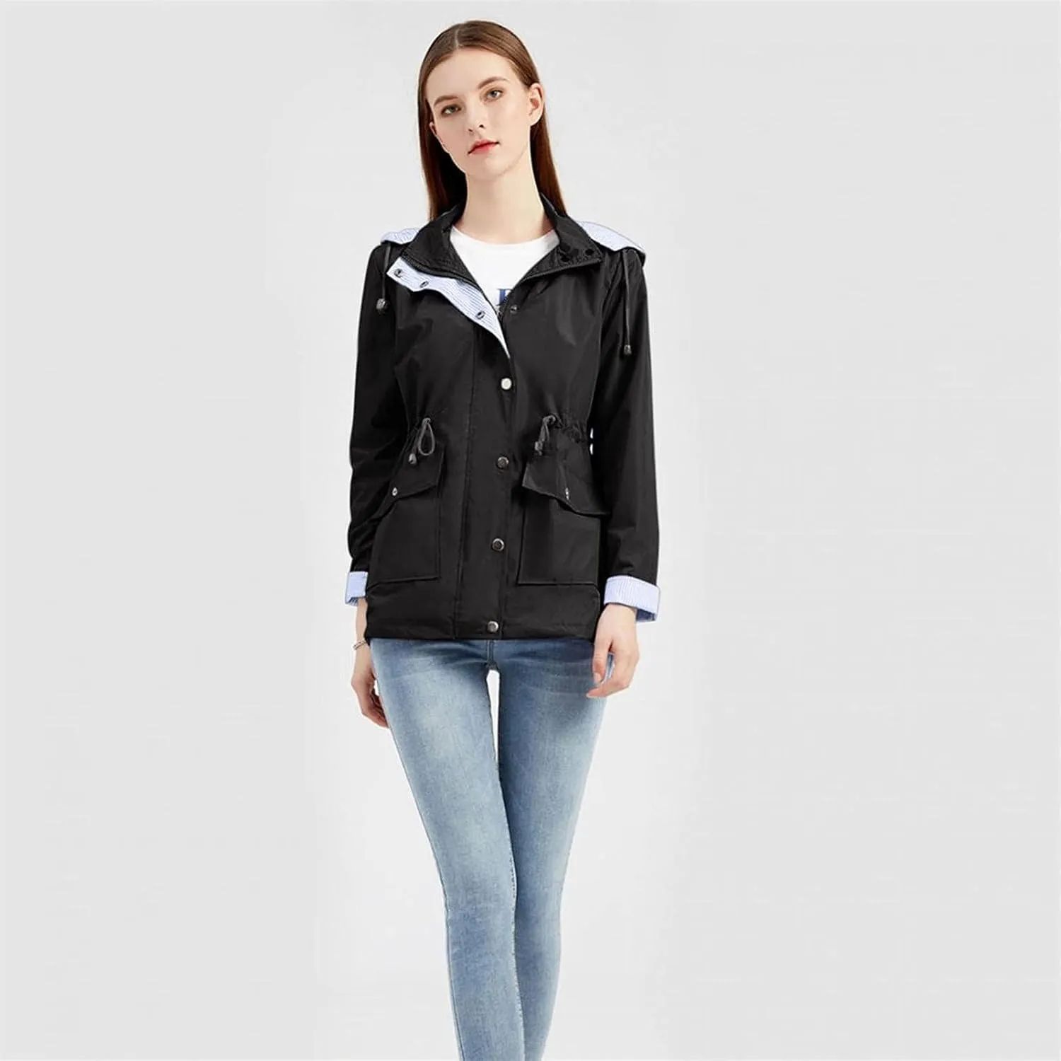 Wkishenl Rain Coat for Women Waterproof with Hood Active Outdoor Rain Jacket Solid Lightweight Zip Up Lace Up Fall Raincoat