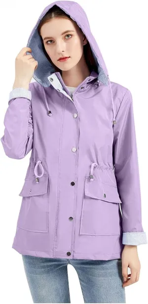 Wkishenl Rain Coat for Women Waterproof with Hood Active Outdoor Rain Jacket Solid Lightweight Zip Up Lace Up Fall Raincoat