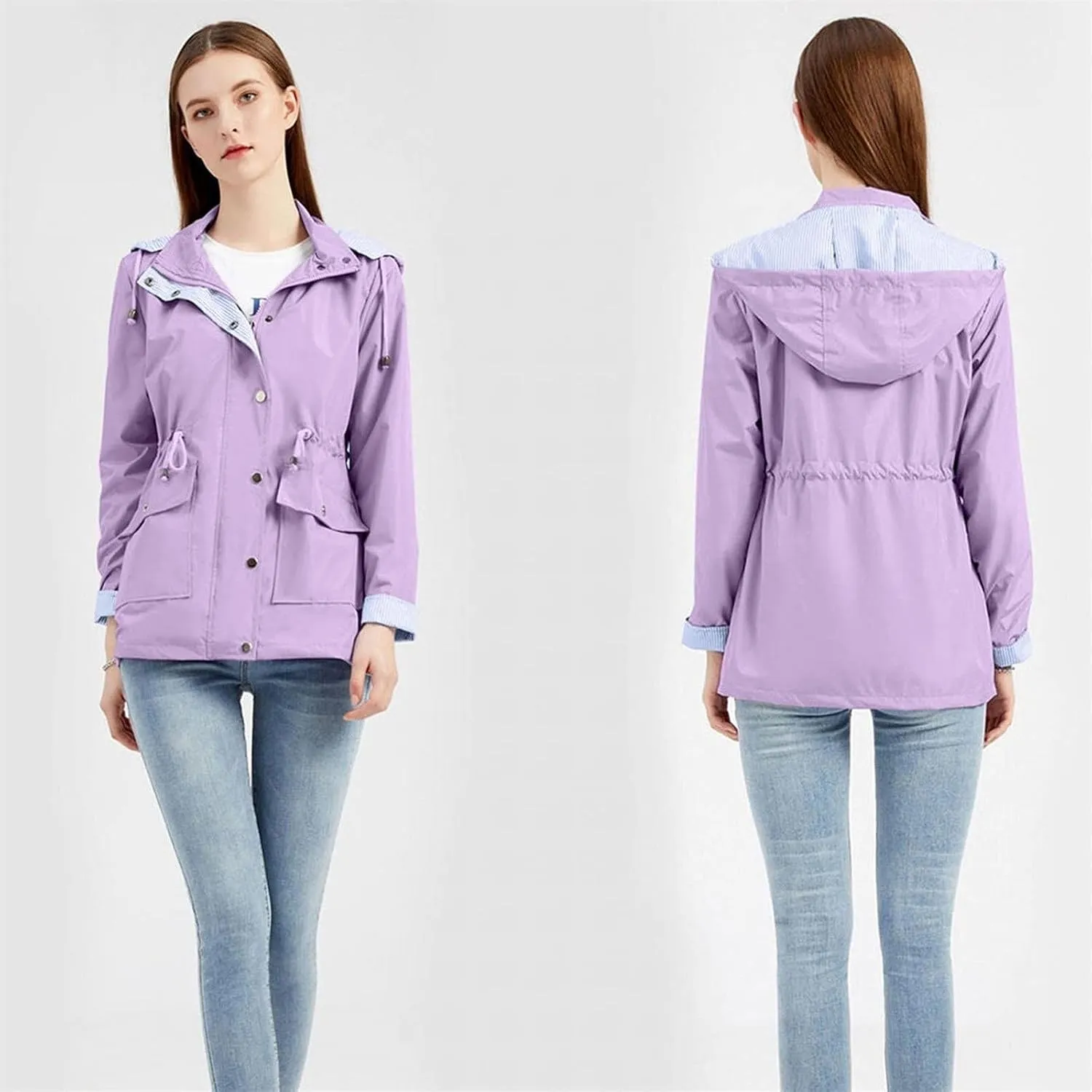 Wkishenl Rain Coat for Women Waterproof with Hood Active Outdoor Rain Jacket Solid Lightweight Zip Up Lace Up Fall Raincoat
