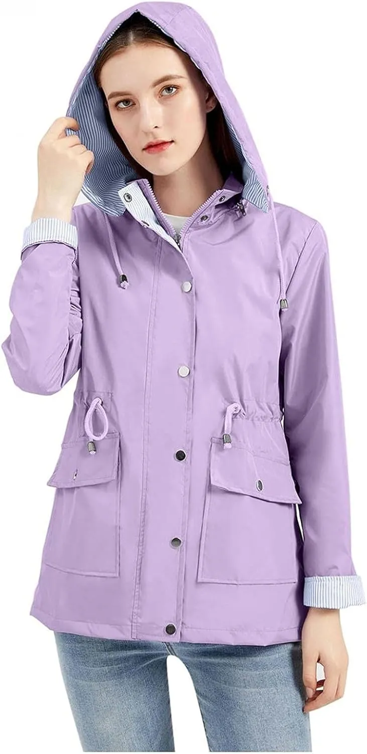 Wkishenl Rain Coat for Women Waterproof with Hood Active Outdoor Rain Jacket Solid Lightweight Zip Up Lace Up Fall Raincoat
