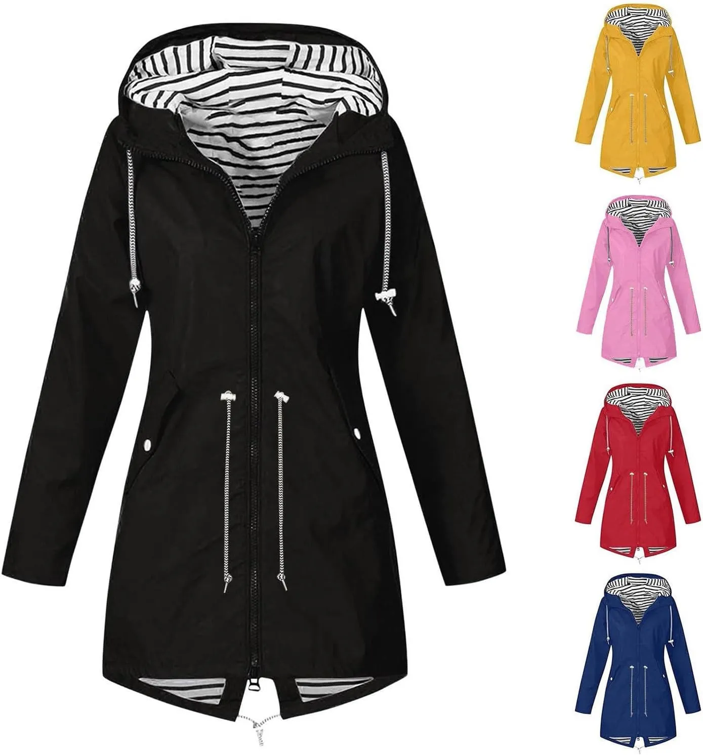 Wkishenl Womens Rain Jacket Zipper Lace Up Waterproof Hooded Long Trench Coats Striped Lined Windbreaker Travel Jacket