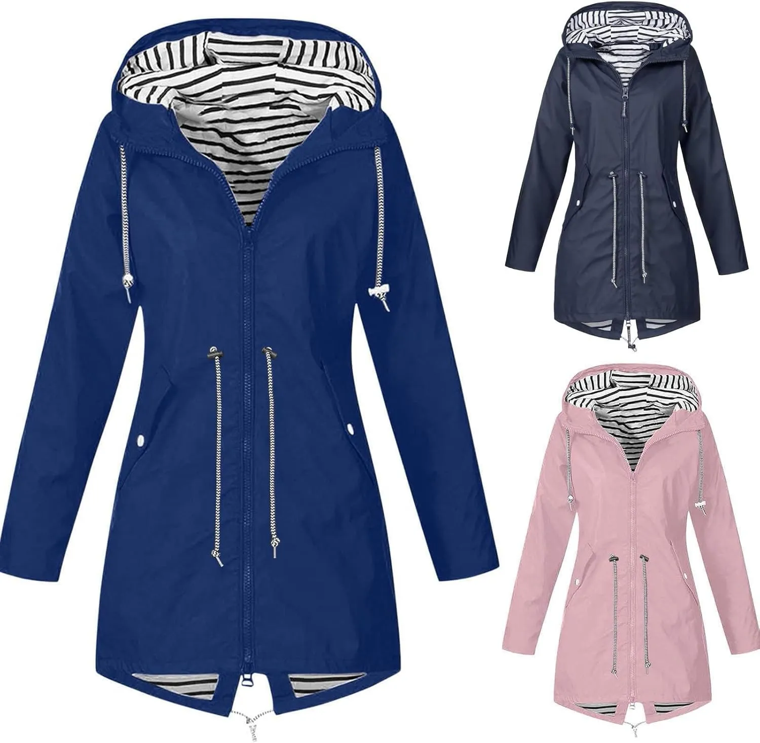 Wkishenl Womens Rain Jacket Zipper Lace Up Waterproof Hooded Long Trench Coats Striped Lined Windbreaker Travel Jacket